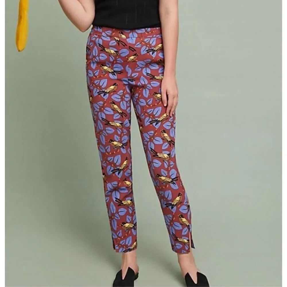 Anthropologie The Essential Slim Trousers bird print elastic waist size M